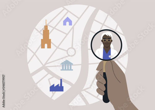 Find a specialist, a magnifying glass scaling up a city map, a doctor appointment