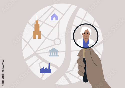 Find a specialist, a magnifying glass scaling up a city map, a doctor appointment