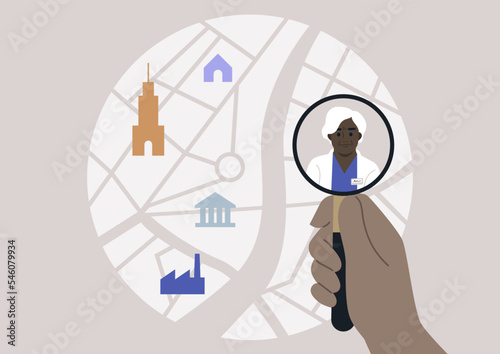 Find a specialist, a magnifying glass scaling up a city map, a doctor appointment