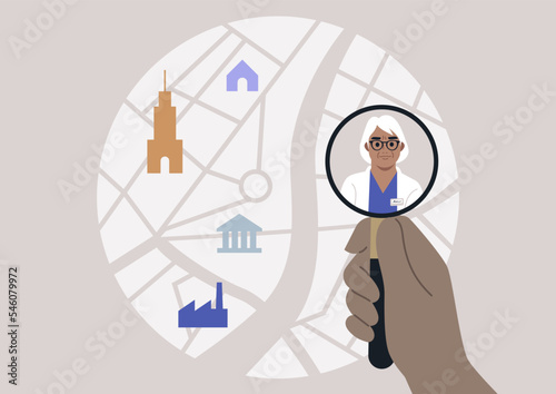 Find a specialist, a magnifying glass scaling up a city map, a doctor appointment