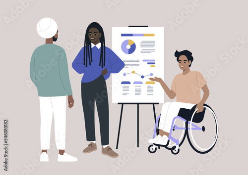 Inclusive office, a group of young millennial characters working on a project, staff meeting, management