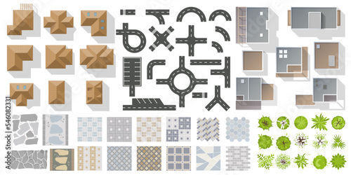 Set of elements top view for landscape design. Buildings and trees for City map. Collection of different types of Houses townhouse, condominium, residential, apartment, cottage. Kit of isolated object