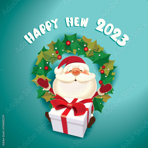 Santa Claus with a gift box and Christmas wreath, Happy New Year 2023 celebrate concept