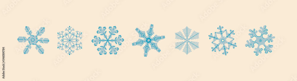 Fototapeta premium Various snowflakes set in outline cartoon style. Different ice crystals shapes. Winter decoration concept. Frozen gentle stars vector illustration. Symmetric Hexagon ornament. All items are isolated