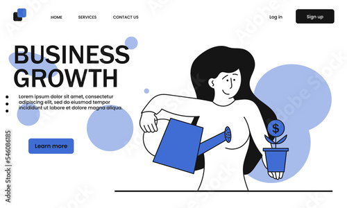 Business growth and woman watering a flower vector illustration concept. Business plant growing and care seed. Money seedling and success investment. Financial sprout and evolution investing market