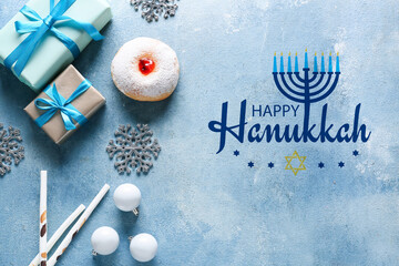 Greeting card with sufganiya for Hanukkah, gifts and Christmas decor