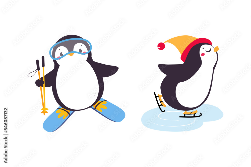 Naklejka premium Cute Penguin with Red Cheeks Skiing and Ice Skating Vector Set