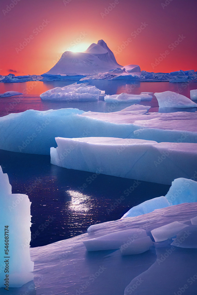 arctic landscape with icebergs, greenland and antarctica ice, melting ...