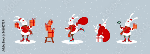 Set, banner of cartoon bunnies or rabbits wearing santa claus clothes holding christmas gift bag, box, skating, making selfie on snowing background. Editable horizontal christmas vector illustration