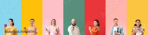 Collage of different people with paper cups of coffee on color background