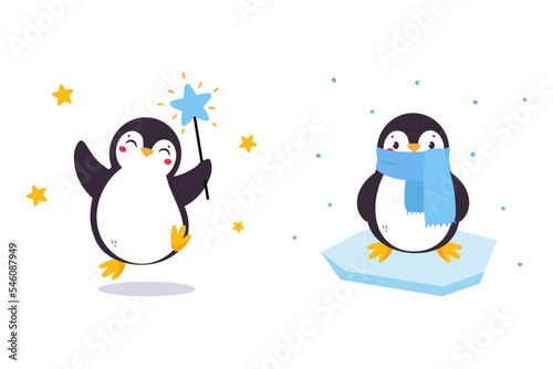 Cute Penguin with Red Cheeks Wearing Scarf on Ice Plate and Jumping with Magic Wand Vector Set