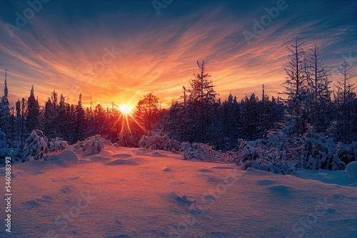winter sunset in a winter wonderland landscape