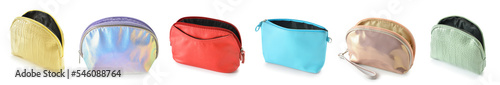Collage of stylish cosmetic bags on white background