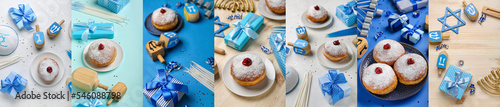 Collage of tasty doughnuts, dreidels and gifts for Hannukah celebration photo