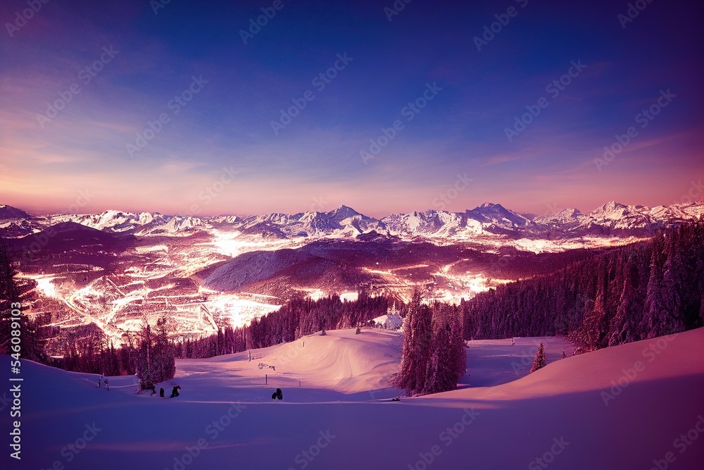 ski resort town, sunset over the mountains