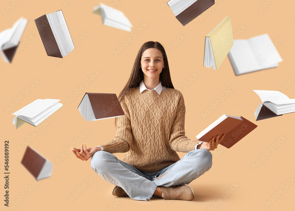 Beautiful meditating woman and many flying books on beige background - obrazy, fototapety, plakaty 