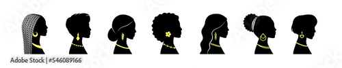 Woman with jewelry. Set of female silhouette. Face profile. Vector illustration.