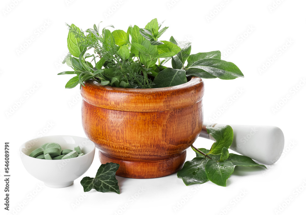 Wooden mortar with different herbs and bowl with pills on white background