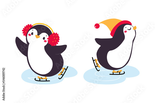 Cute Penguin with Red Cheeks in Hat and Earmuffs Ice Skating Vector Set