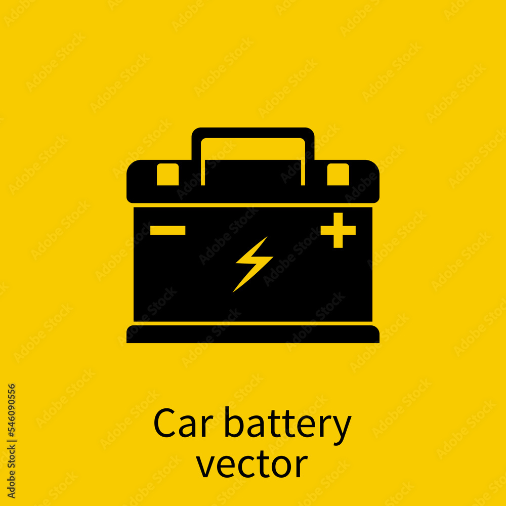 Car battery icon. Element of auto parts. Black silhouette of the car battery on a yellow background. Car battery icon. Element of auto parts. Black silhouette of the car battery on a yellow background.
