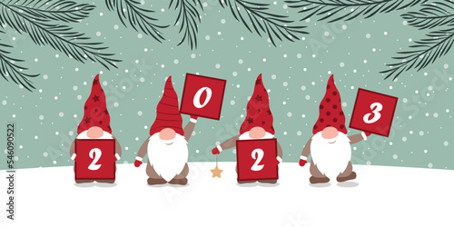 christmas greeting card with cute christmas dwarf and snowy landscape