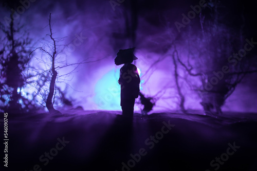 Silhouette of person standing in the dark forest. Horror halloween concept. strange silhouette in a dark spooky forest at night