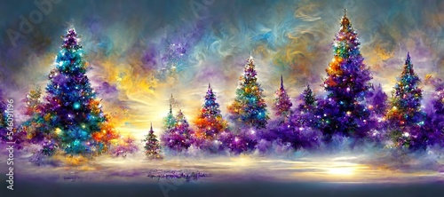 Christmas themed landscape, brilliant colors, northern lights, holidays greeting card design 