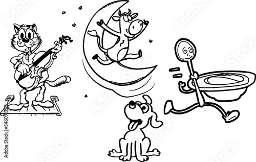 Cat with a fiddle, cow jumped over the Moon, little dog laughed, dish ran away with the spoon. Black and white cartoon drawing.