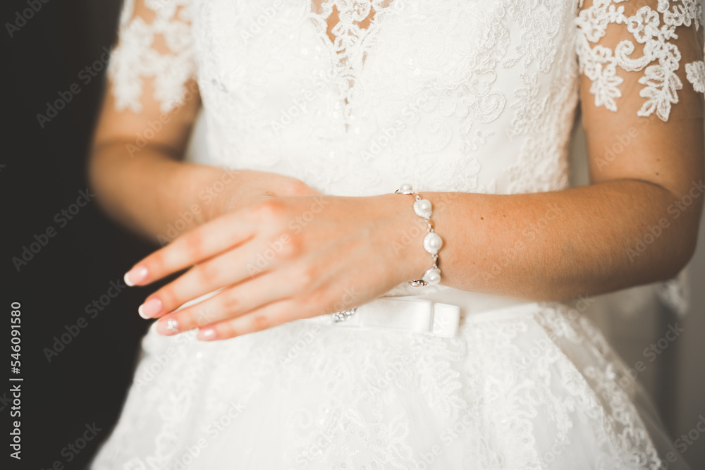 Gorgeous bride in robe posing and preparing for the wedding ceremony face in a room