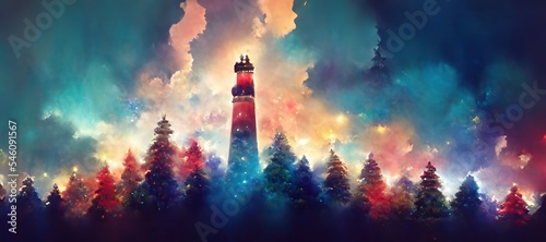 Christmas themed landscape, brilliant colors,  beutifull lights, illustrative, greeting card design  photo