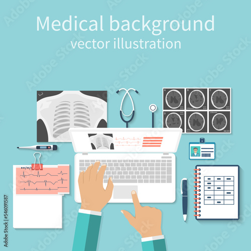 Doctor with laptop his desk studying documents of diagnostic research. Workplace doctor at table. Top view of the workplace doctor, medical equipment. Flat design vector. Medical concept. Background