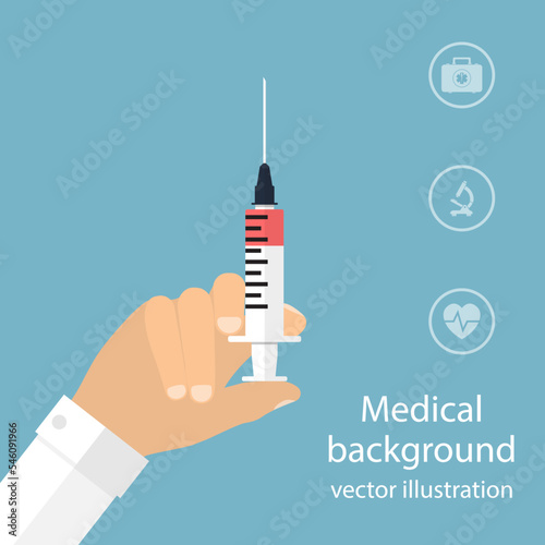 syringe in doctor hand. flat design. vector illustration for web and mobile app. medical background.