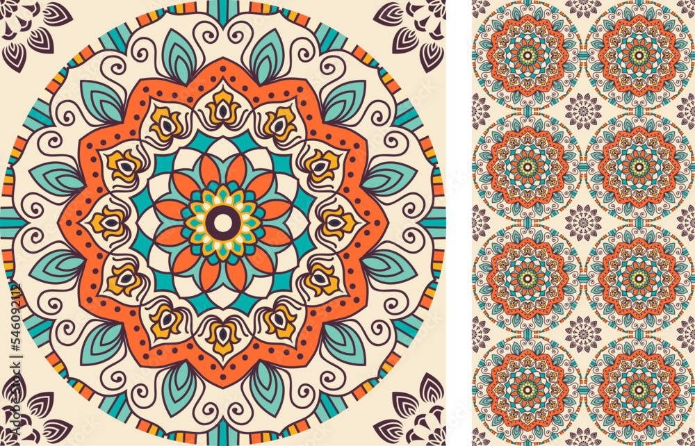Seamless Azulejo tile. Portuguese and Spain decor. Bright ceramic tile from mandalas. Seamless Floral pattern. Vector hand drawn illustration, typical portuguese and spanish tile