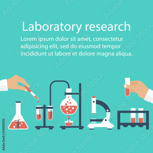 Medical Laboratory. Research, testing, studies in chemistry, physics, biology. laboratory equipment. Hands of doctor with pipette and test tube. Desktop research. Vector illustration, flat design.