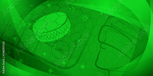 Abstract background in green colors with different hockey symbols such as puck, stick, helmet, ice rink