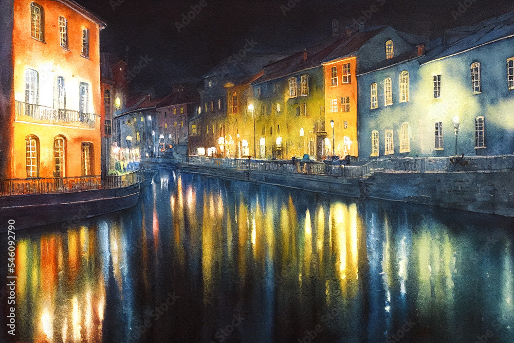 Watercolor channel in an old city in the evening