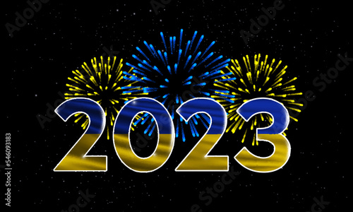 Happy New Year 2023 Ukraine. 2023 New Years background with national flag of Ukraine and fireworks.