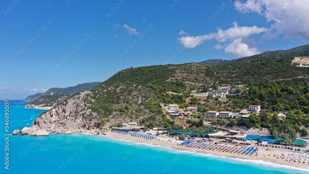 Aerial drone photo of famous paradise bay and beach of Kathisma with deep turquoise sea in island of Lefkada, Ionian, Greece