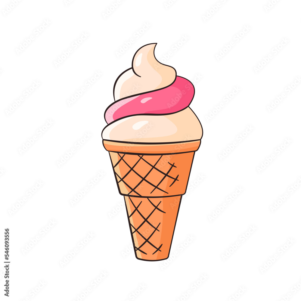 Ice cream in waffle. Cartoon. Vector illustration