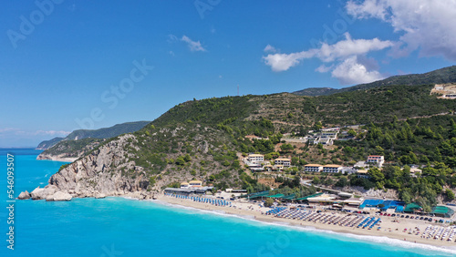 Fototapeta Naklejka Na Ścianę i Meble -  Aerial drone photo of famous paradise bay and beach of Kathisma with deep turquoise sea in island of Lefkada, Ionian, Greece
