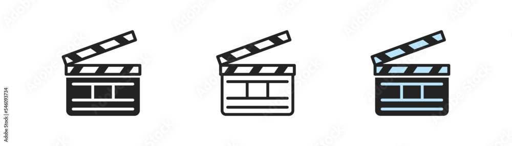 Fototapeta premium Clapperboard outline icon on light background. Cinema cut, movie clapper symbol. Equipment for film. Flat vintage design.