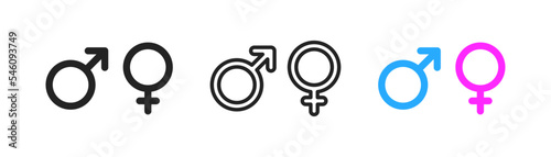 Male female gender outline icon in blue and pink colors on white background. Gender equality concept. WC, washroom symbol. Simple flat design.