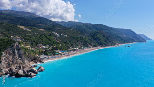 Aerial drone photo of famous paradise bay and beach of Kathisma with deep turquoise sea in island of Lefkada  Ionian  Greece