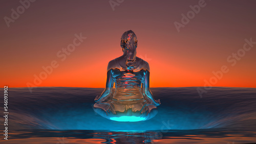 figure of a meditating woman hung in the air rear view over a hole in the sea at sunset