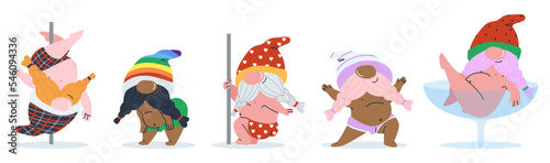 Cheerful gnomes are dancing. Dancing at the pole in the linen of little leprechauns. Collection of cool gnomes adult party. Flat vector illustration, eps10