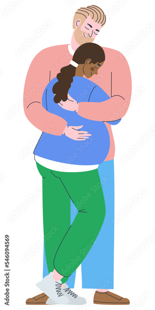 Pregnant couple white man and black woman. Family mixed marriage by nationality. Lovers' hugs. Flat vector illustration. Eps10