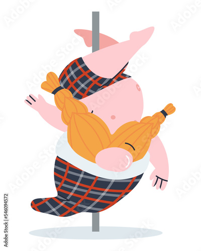 The dwarf hangs on a pylon with a bare belly and in shorts. Joking illustration of a pot-bellied gnome in a striptease. Flat vector illustration, eps10