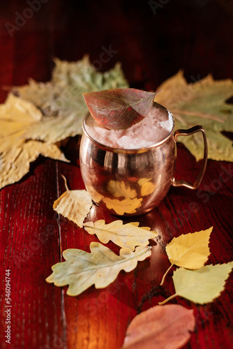 Cocktail with autumn leaves on wooden table.