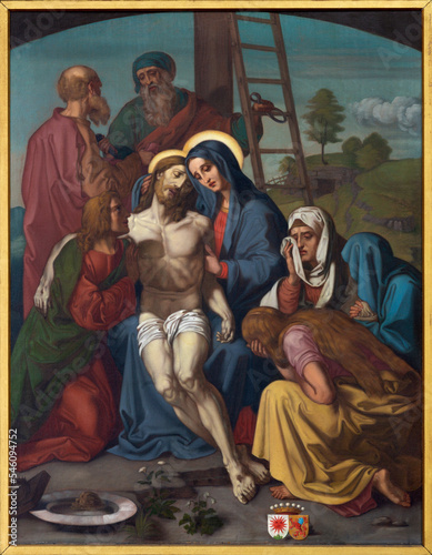 LUZERN, SWITZERLAND - JUNY 24, 2022: The painting of Deposition (Pieta) as part of Cross way stations in the church Franziskanerkirche from 19. cent.