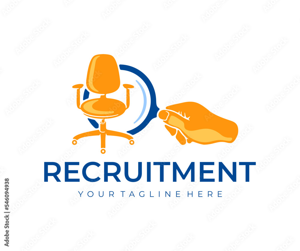 Recruitment, office chair, hand holding a magnifying glass, logo design. Recruitment agency, job interviews, employment and recruit, CVs and resumes, vector design and illustration.